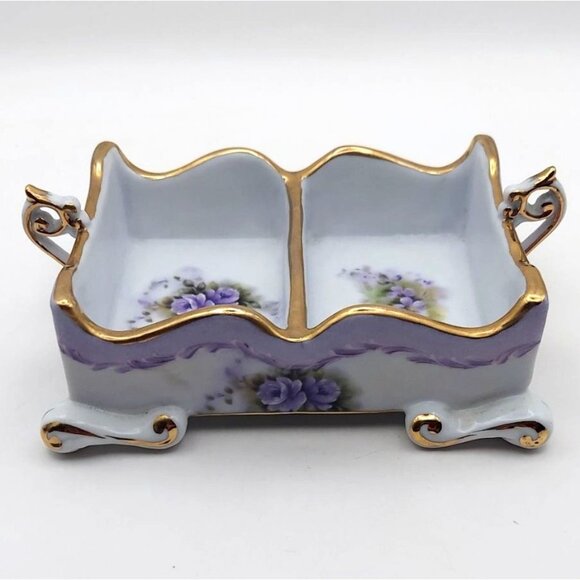 Cracker Barrel Victorian Style Floral Dual Tea Bag Caddy Holder 10k Gold Trim - Picture 5 of 6